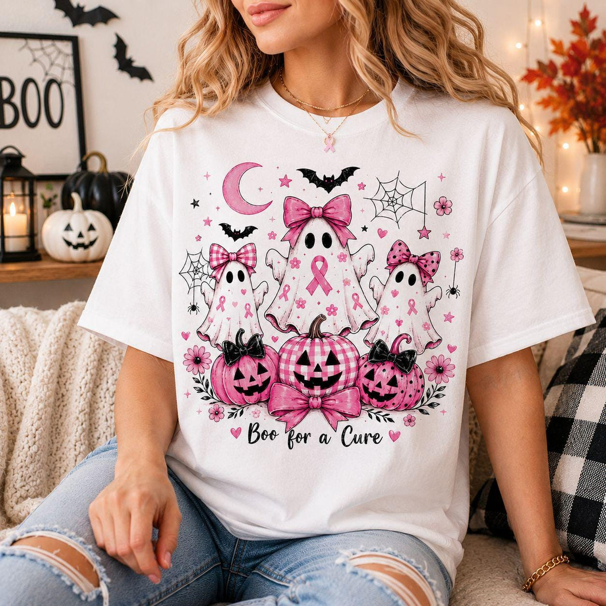 close up of pink ghost and pumpkin boo for a cure design