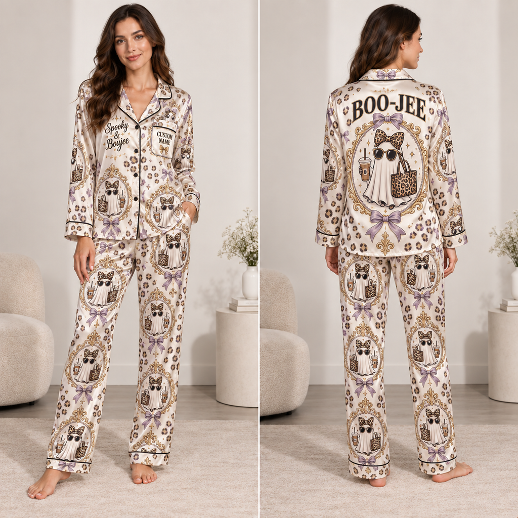 satin pajama set with Boo-Jee Spooky and Boujee all-over ghost print