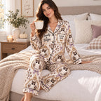 back view of satin pajama set showing the Boo-Jee ghost graphic arched