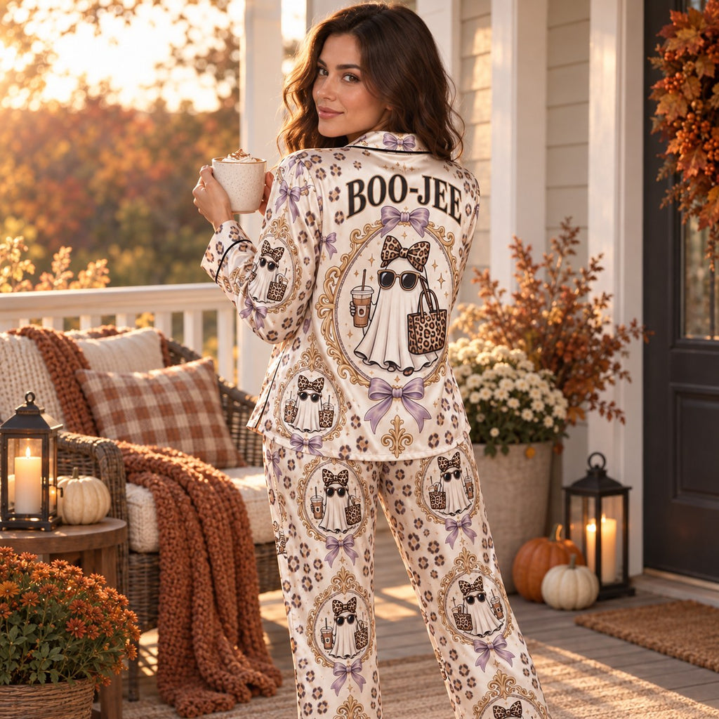 model glancing back on an autumn porch in cream Boo-Jee ghost satin pajamas