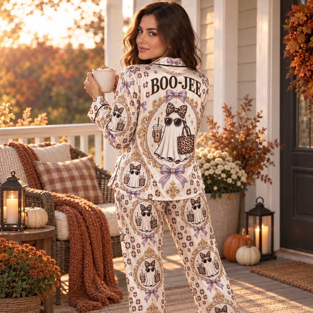 model glancing back on an autumn porch in cream Boo-Jee ghost satin pajamas