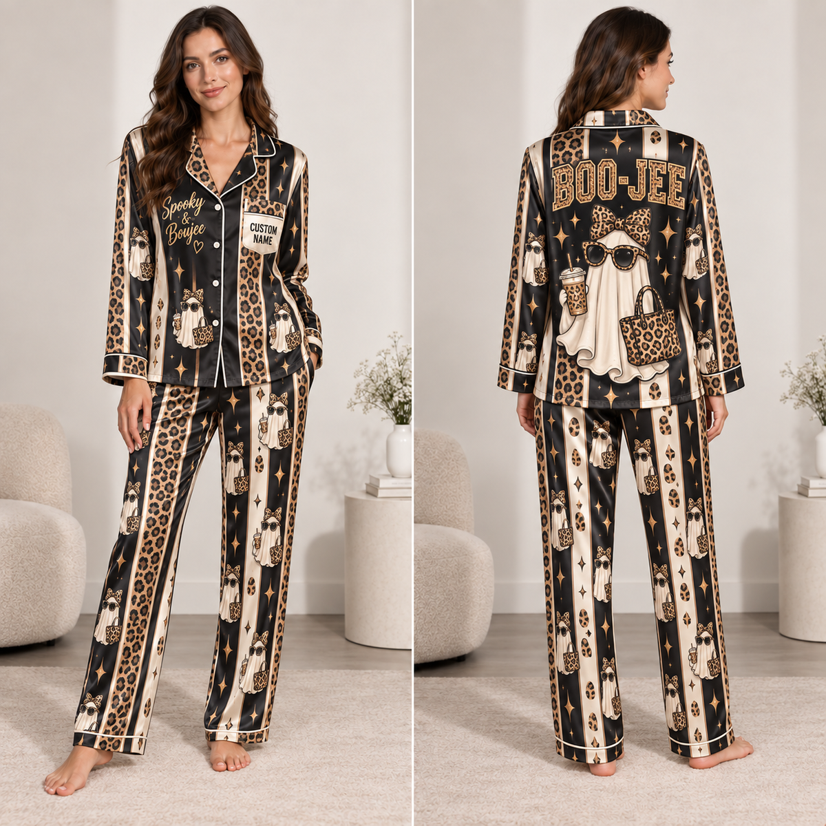 front view of boo-jee spooky and boujee satin pajama set with leopard