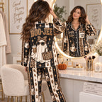 close up of boo-jee ghost back graphic on satin pajama set