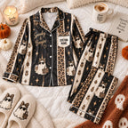 leopard striped ghost satin pajamas flat lay with a custom name on the chest
