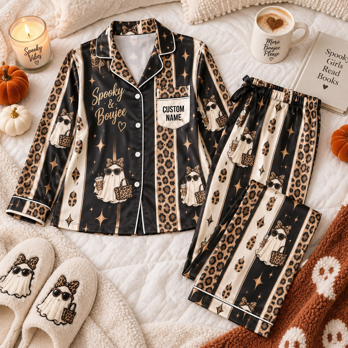 leopard striped ghost satin pajamas flat lay with a custom name on the chest