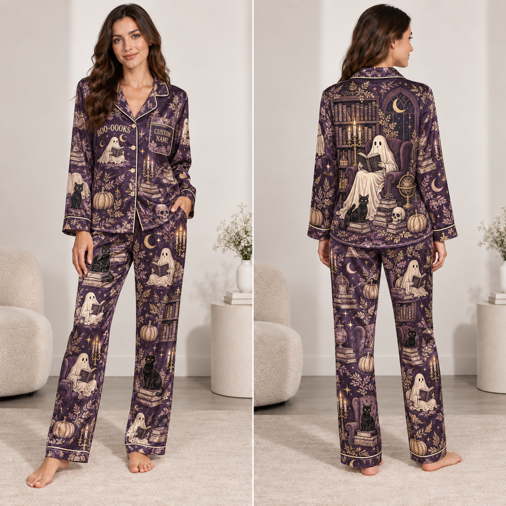 halloween satin pajama set with boo-ooks ghost and pumpkin print shown