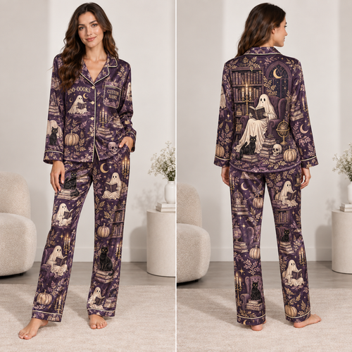halloween satin pajama set with boo-ooks ghost and pumpkin print shown