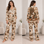 woman modeling a personalized satin pajama set with an all-over ghost reading