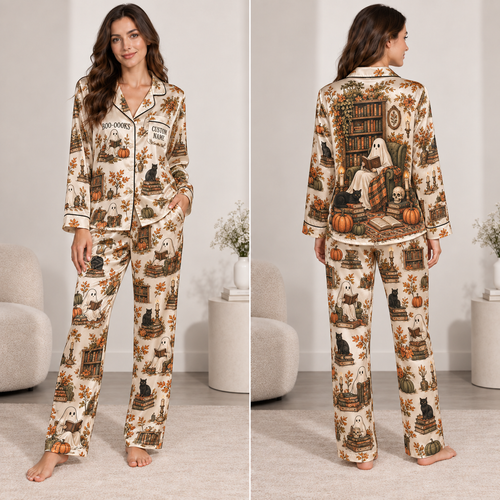 woman modeling a personalized satin pajama set with an all-over ghost reading