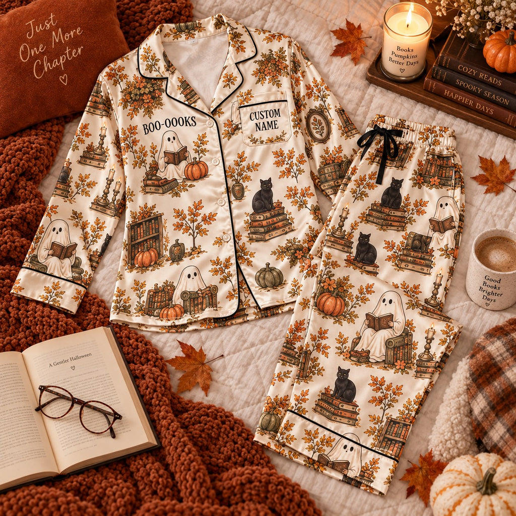 flat lay cream reading ghost satin pajamas with a custom name on the chest