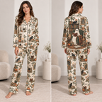 halloween satin pajama set with boo-oooooks ghost reading pattern, full outfit view