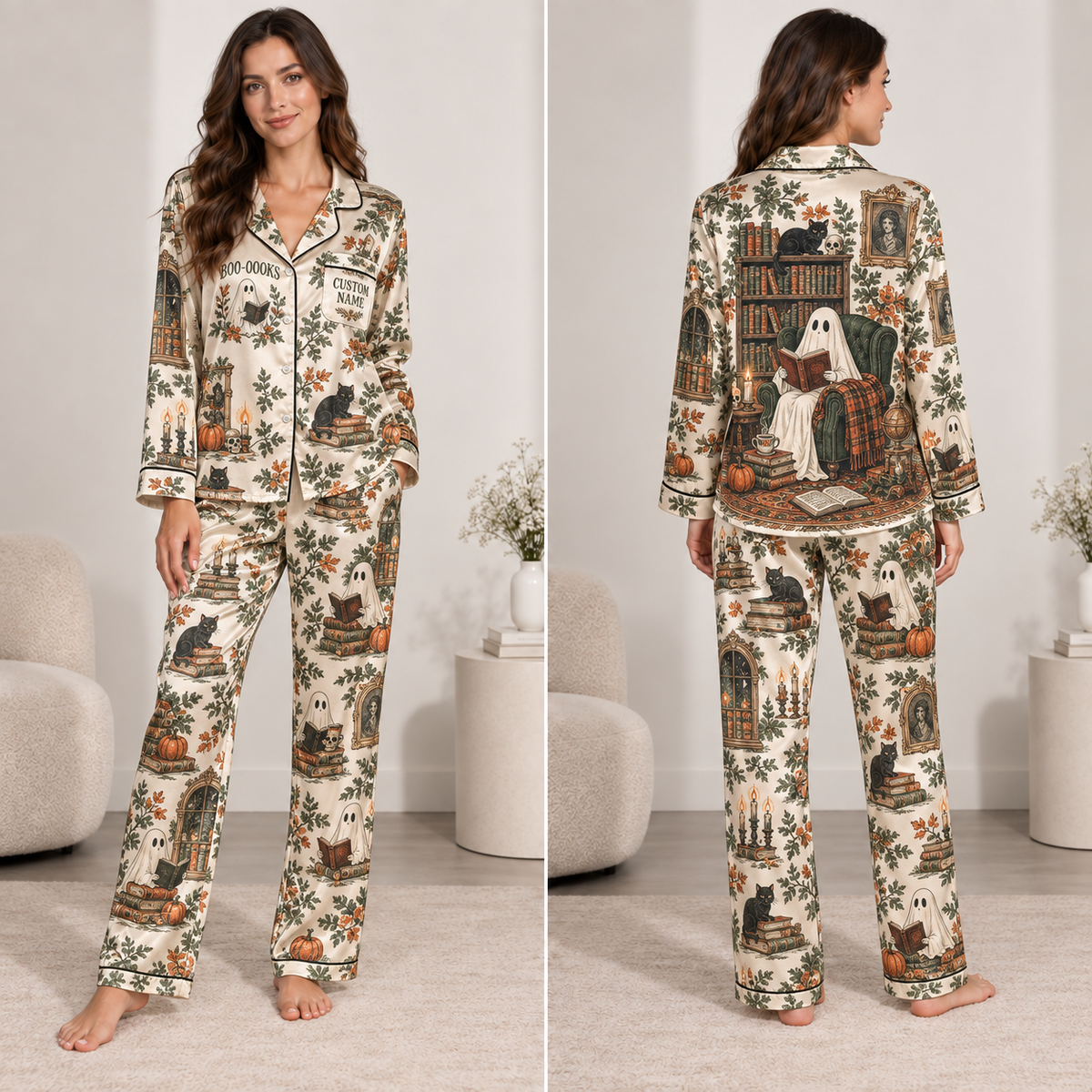 halloween satin pajama set with boo-oooooks ghost reading pattern, full outfit view