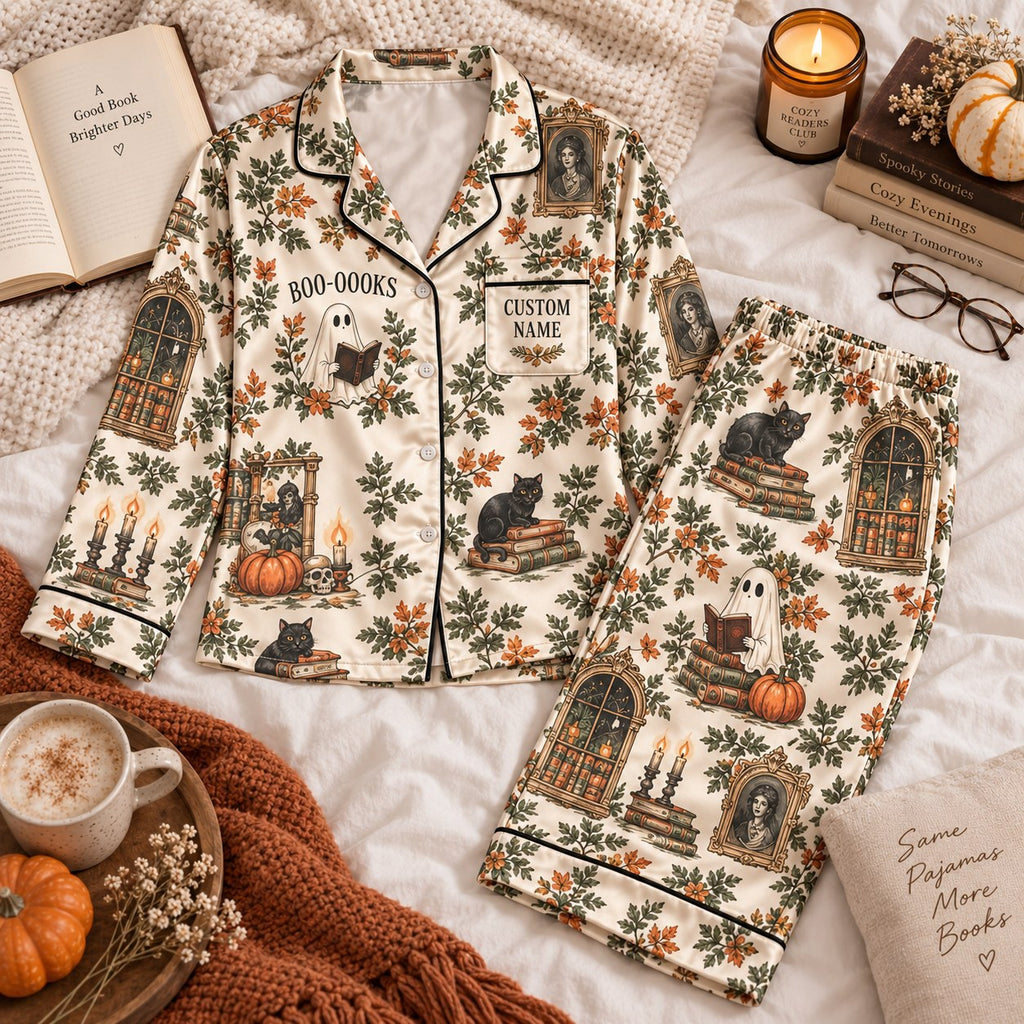 flat lay of reading ghost satin pajamas with a custom name on the chest