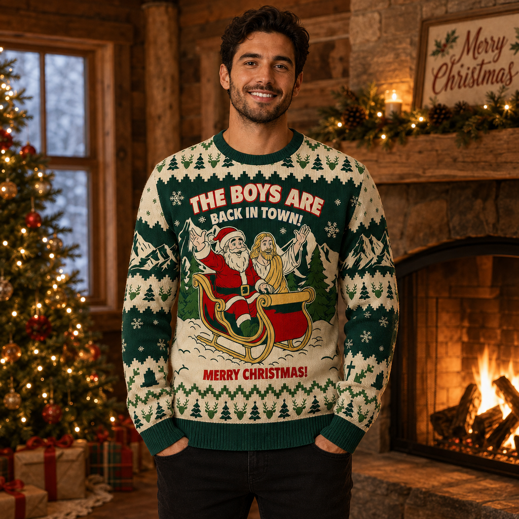 knitted ugly christmas sweater with the boys are back in town printed