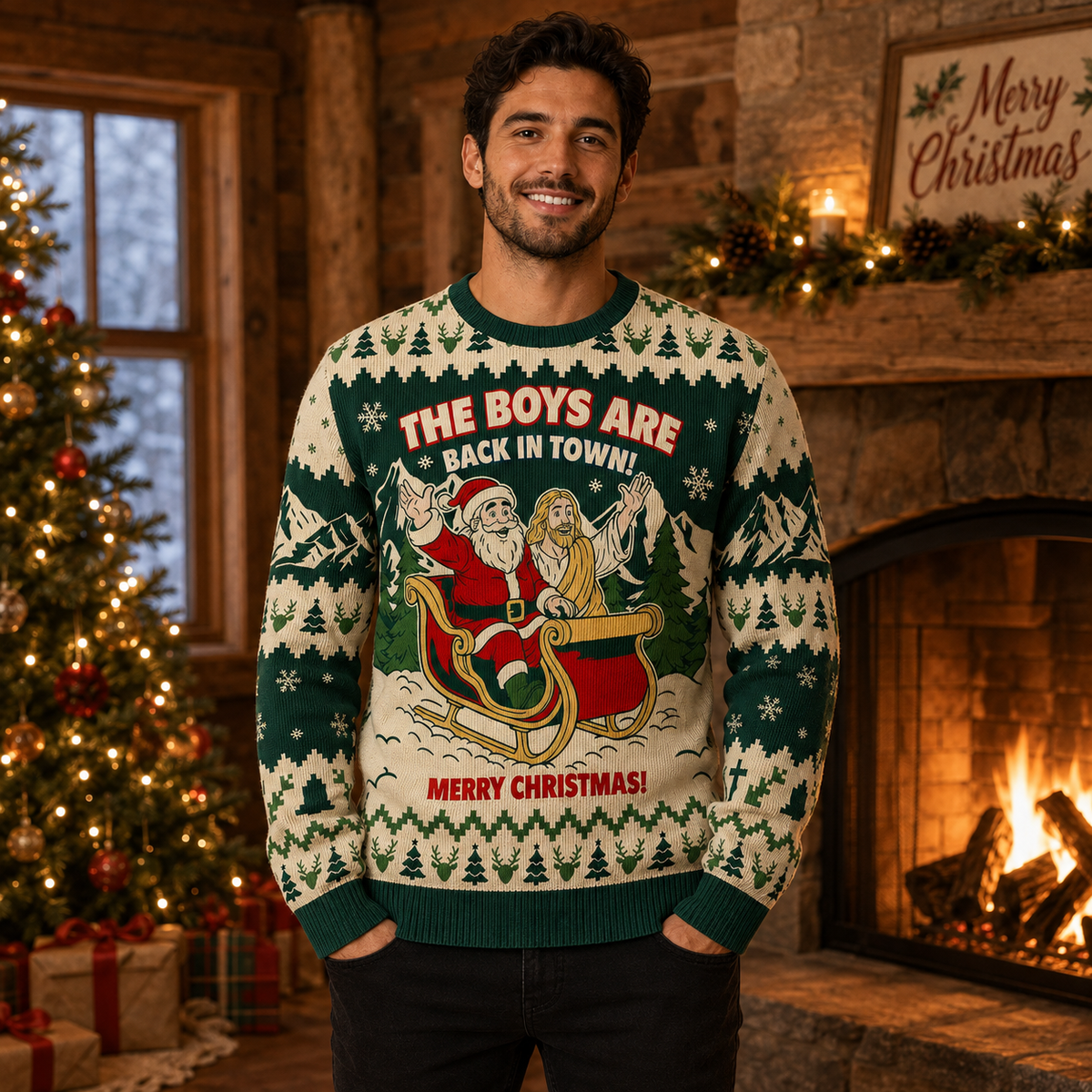 knitted ugly christmas sweater with the boys are back in town printed