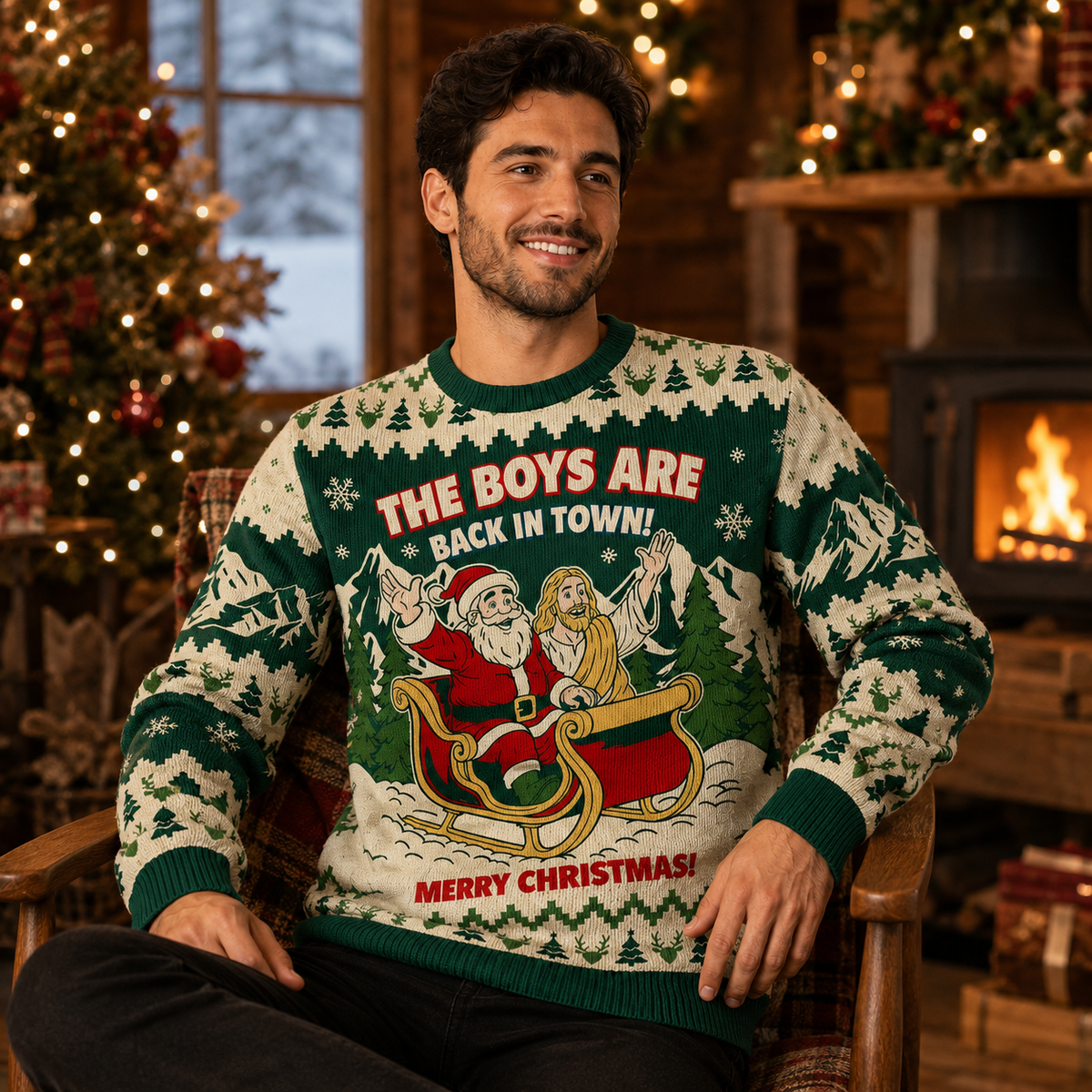 man seated wearing the boys are back in town ugly christmas sweater