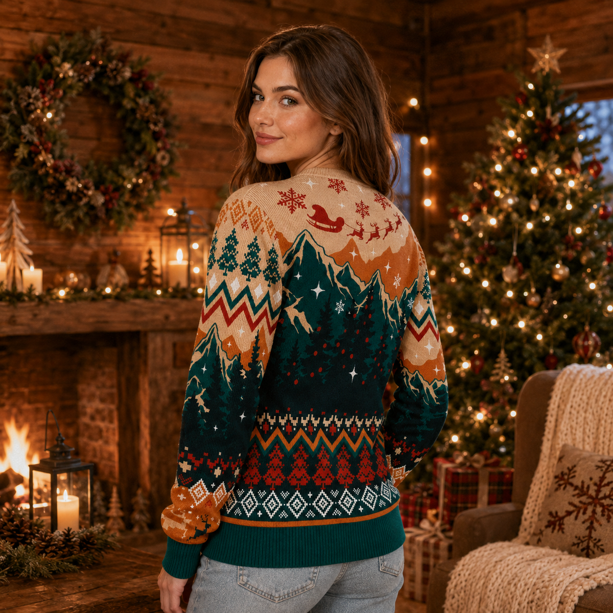 back view of knitted christmas jumper showing mountain scene and santa sleigh