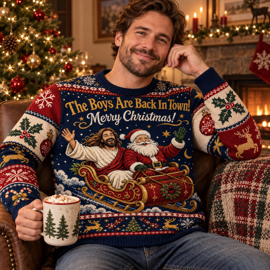 man wearing an all over print ugly christmas sweater with santa in