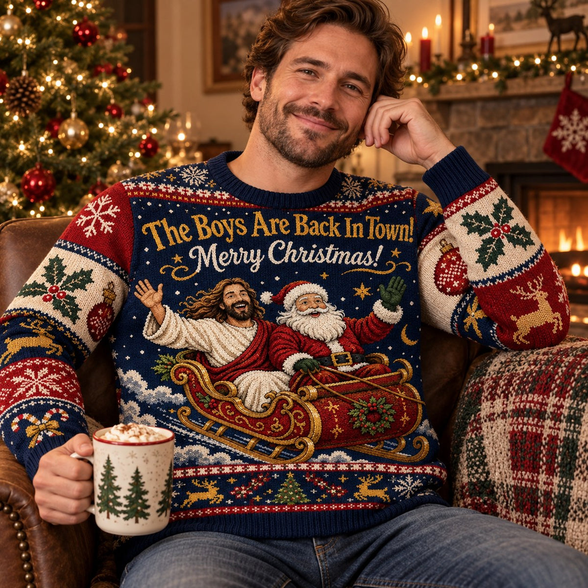 man wearing an all over print ugly christmas sweater with santa in