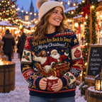 woman wearing an all over print funny holiday sweater featuring santa and