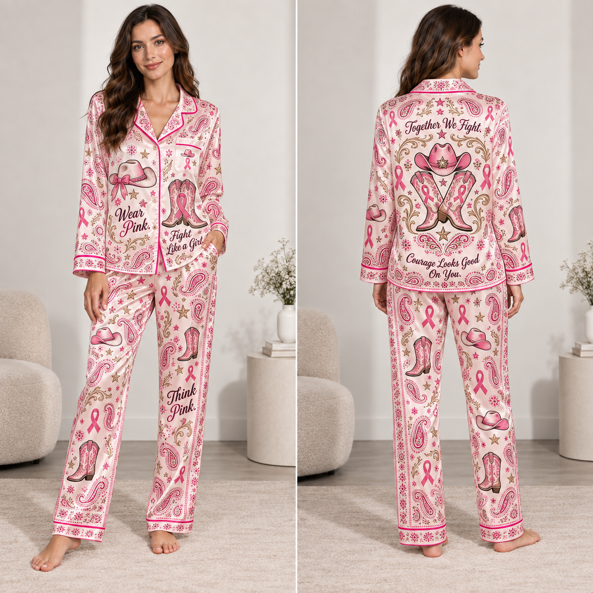 breast cancer awareness pink ribbon satin pyjamas set front view