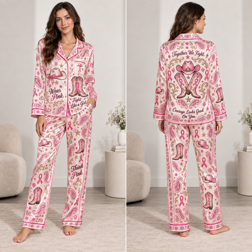breast cancer awareness pink ribbon satin pyjamas set front view