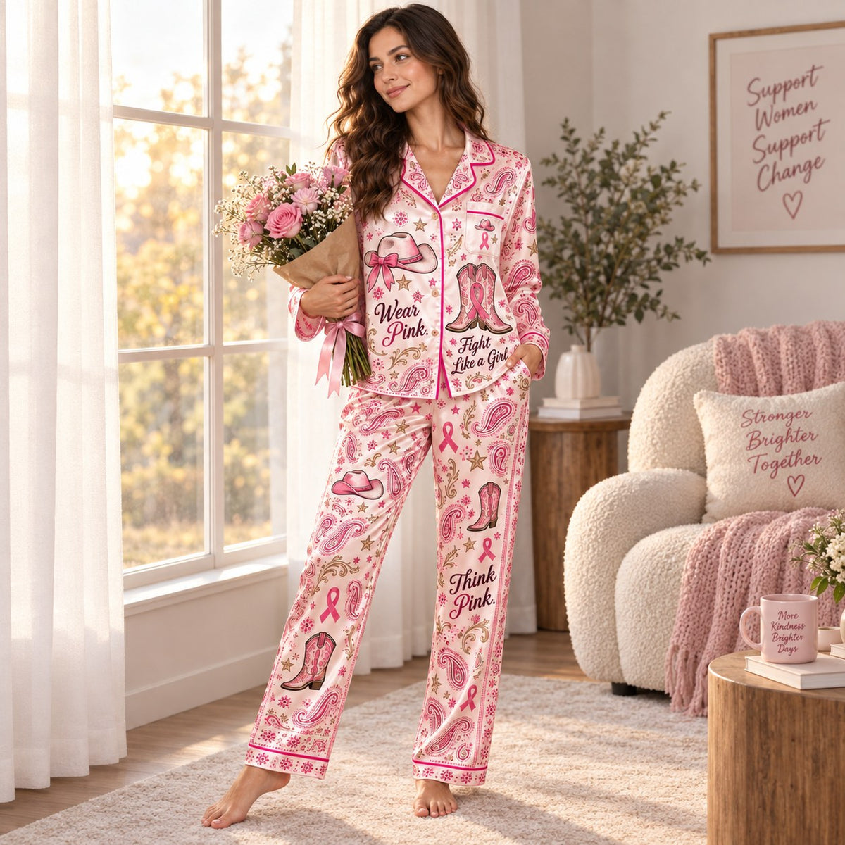Breast Cancer Awareness Wear Pink Fight Like a Girl Think Pink Satin Pyjamas, Cancer Survivor Pajama Set, Gifts For Women