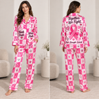 satin pyjamas set in pink and white checkerboard with breast cancer awareness
