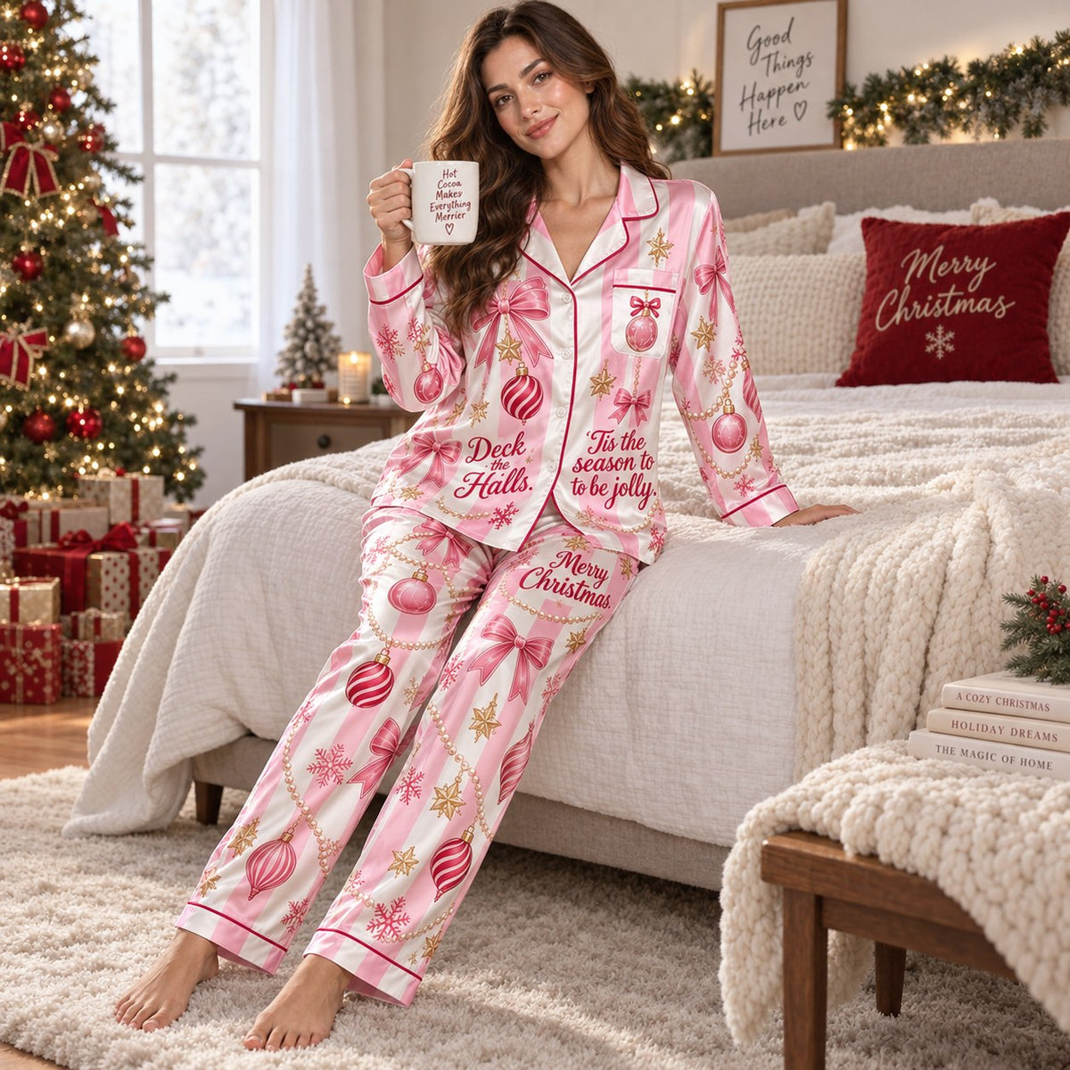 back view of pink satin pyjamas showing Merry Christmas wreath design