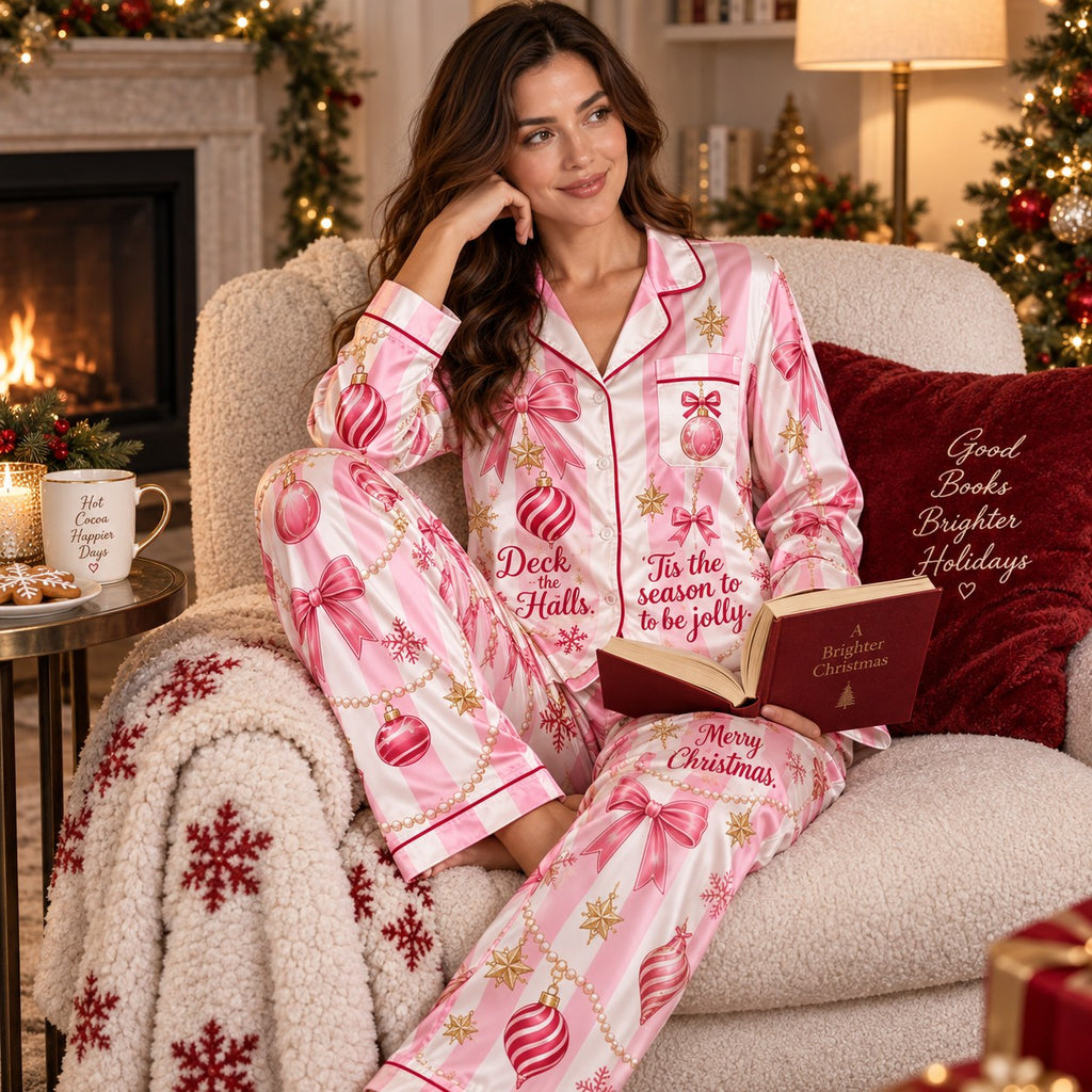 woman in breast cancer pyjamas beside a decorated christmas tree reading a