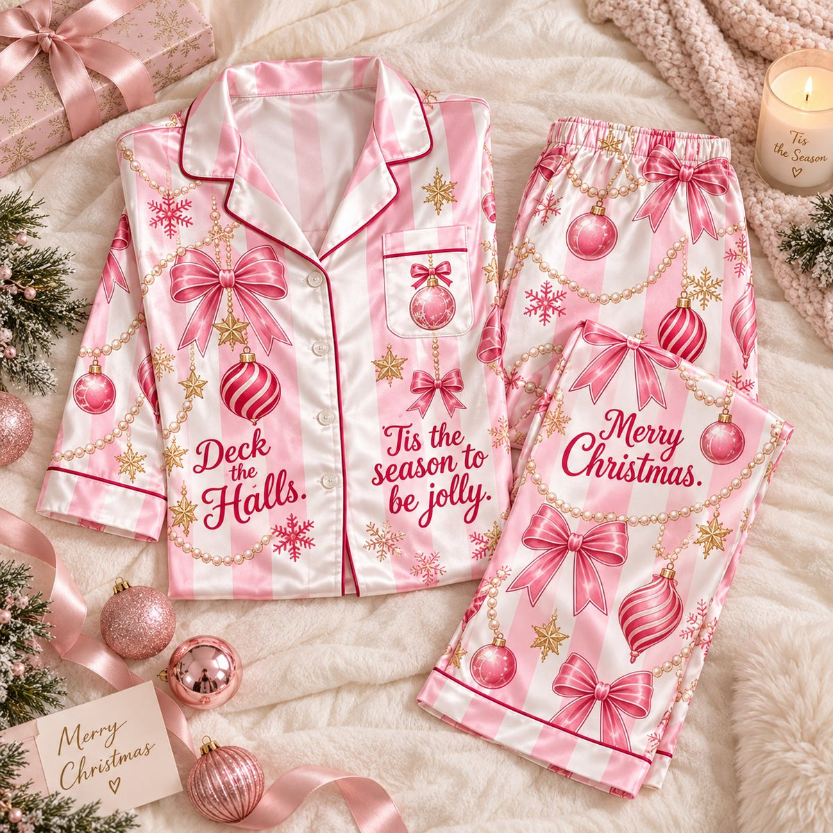 Breast Cancer Pink Ribbon Satin Pyjamas, Christmas Matching Pyjamas, Lounging Pyjamas Gifts For Her