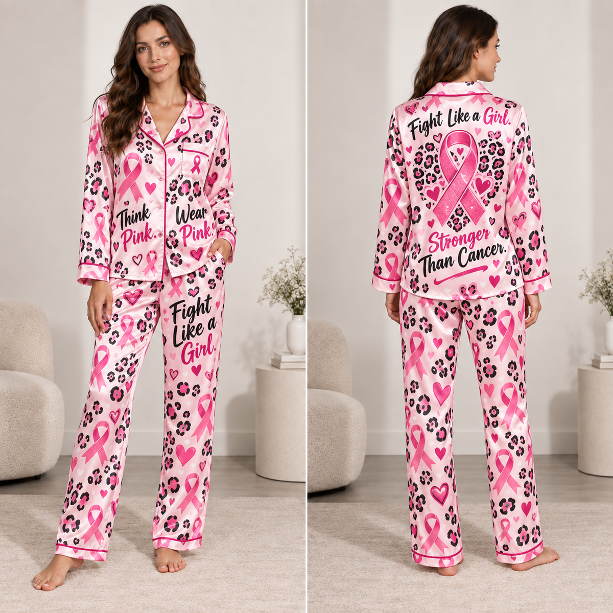 model wearing pink breast cancer ribbon satin pyjamas with all-over print