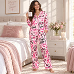 back view of strong pink leopard satin pajama set with large ribbon