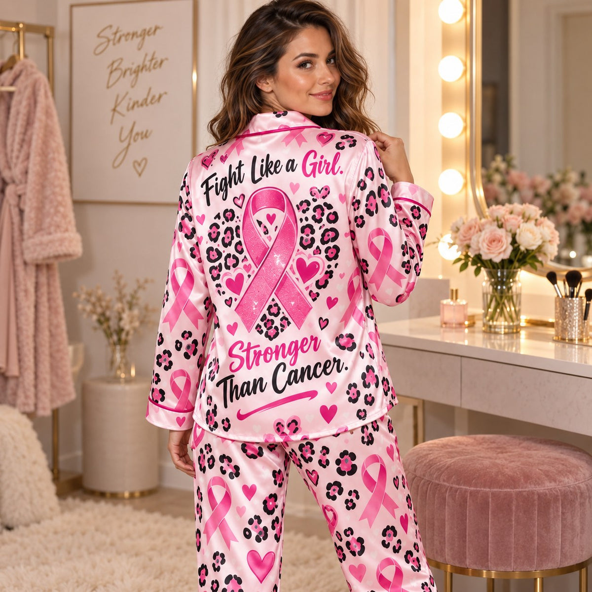 woman holding mug in pink ribbon awareness satin loungewear pyjamas