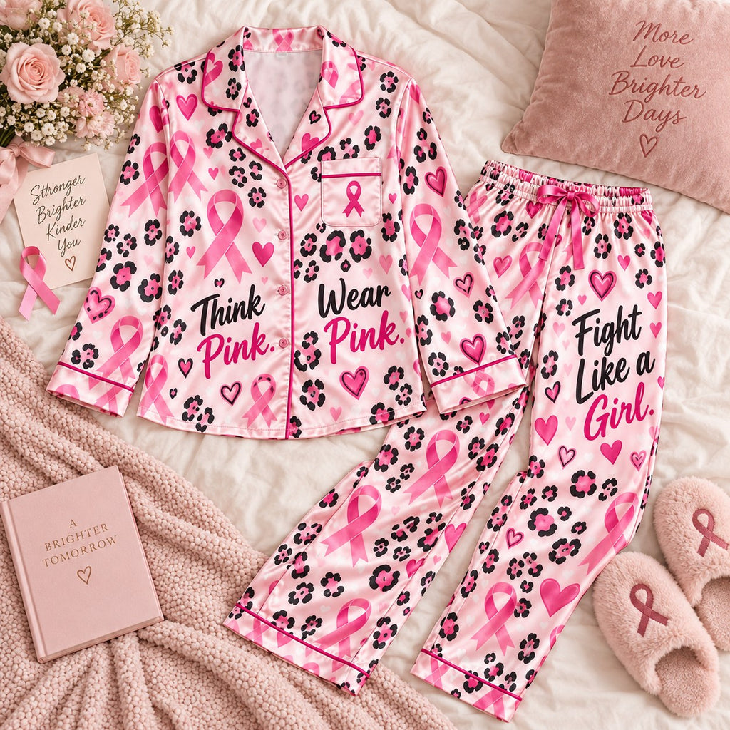 Breast Cancer Think Pink Wear Pink Fight Like a Girl Stronger Than Cancer Satin Pyjamas, Lounge Pyjamas, Button Up Pyjamas