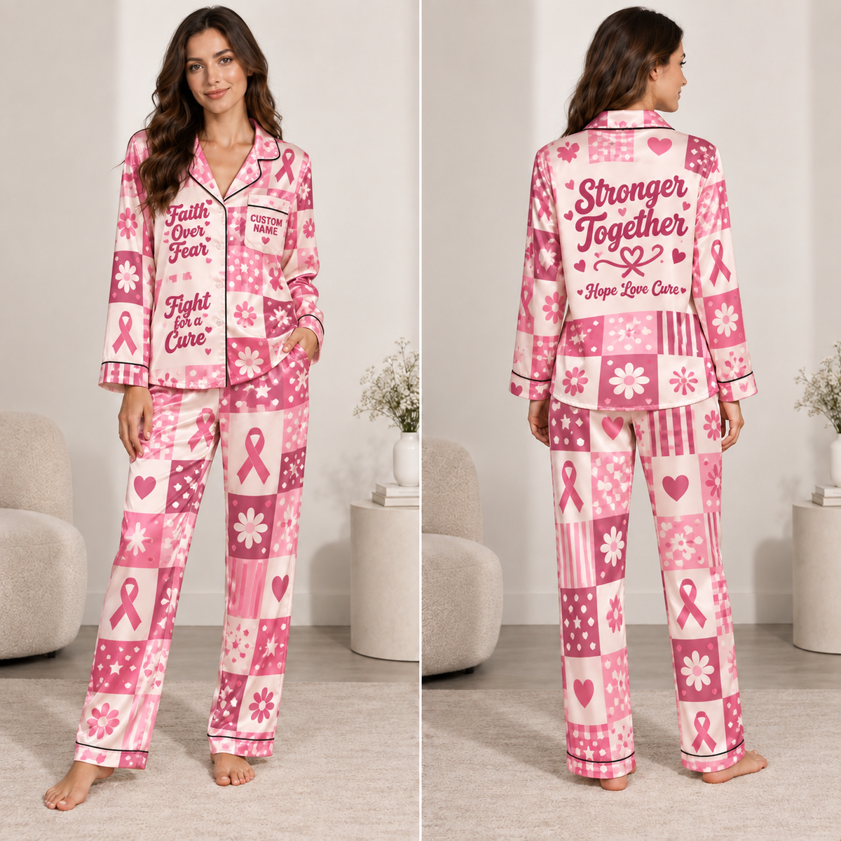 breast cancer awareness ribbons satin pajama set with personalized name