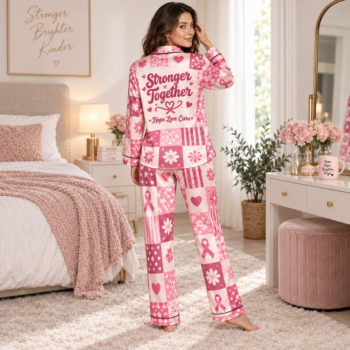 model sitting on a sofa wearing custom ribbon pajamas