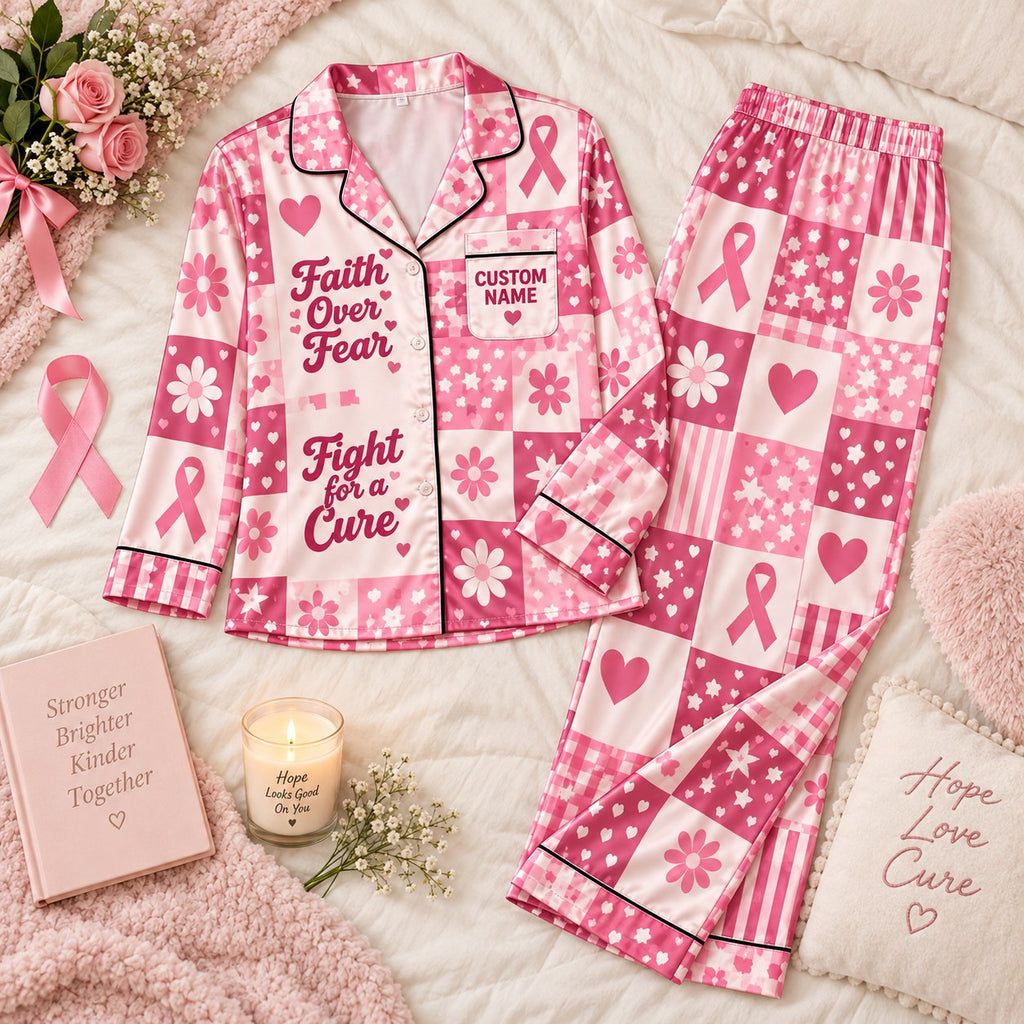 pink ribbon patchwork satin pajamas flat lay with a custom name on the chest