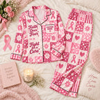 pink ribbon patchwork satin pajamas flat lay with a custom name on the chest