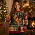 ugly christmas sweater featuring an old fashioned cocktail with orange slice and
