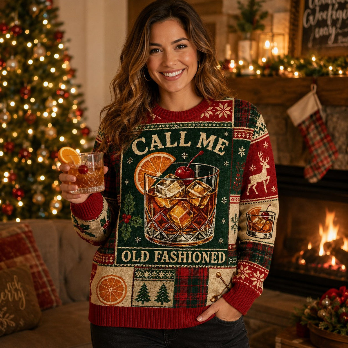 ugly christmas sweater featuring an old fashioned cocktail with orange slice and