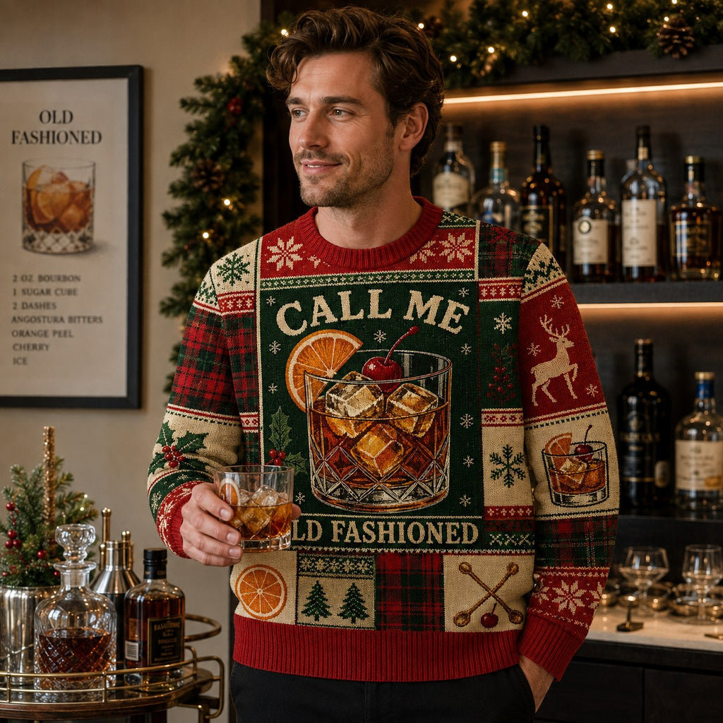holiday cocktail sweater design close up with bourbon glass and festive pattern