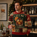 holiday cocktail sweater design close up with bourbon glass and festive pattern