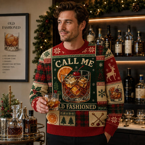 holiday cocktail sweater design close up with bourbon glass and festive pattern