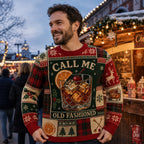 bearded man wearing a christmas sweater at an outdoor holiday market