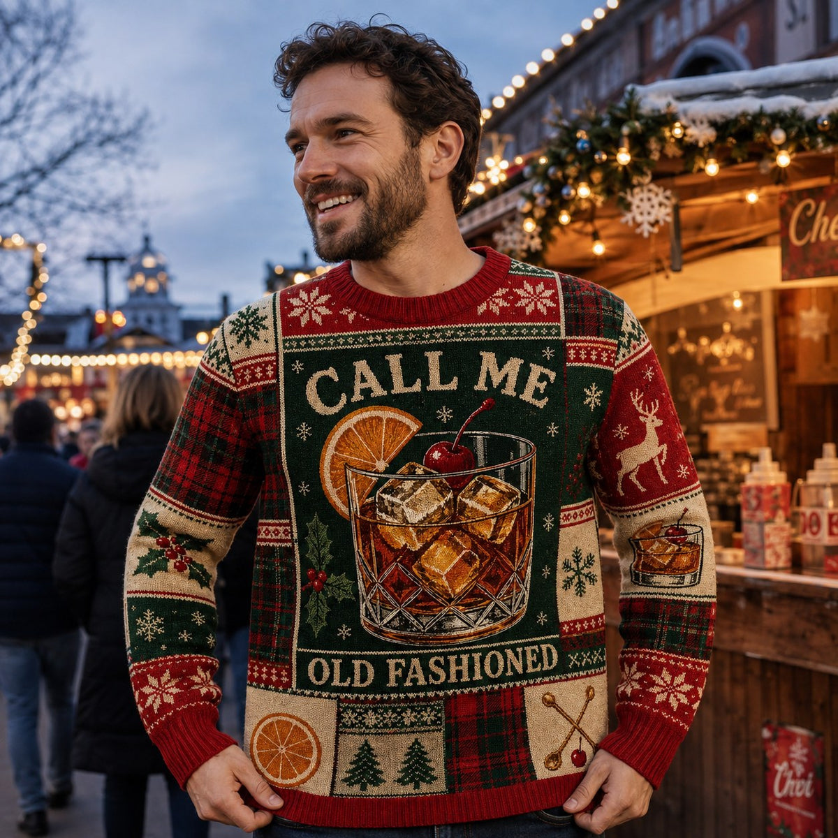 bearded man wearing a christmas sweater at an outdoor holiday market
