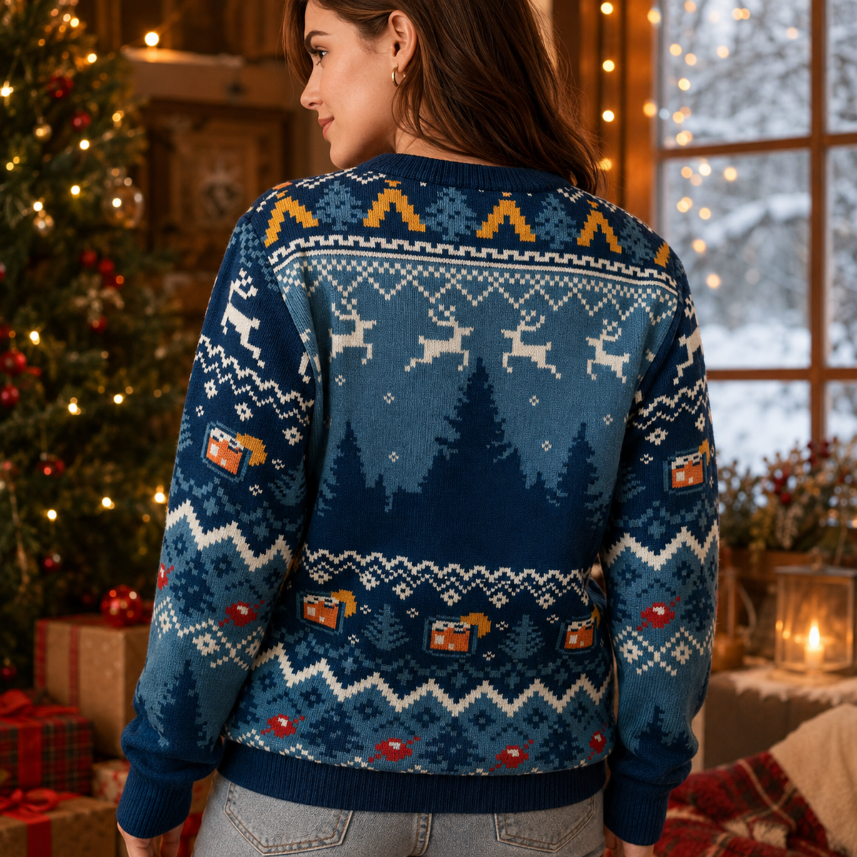 reindeer fair isle knit pattern on the back of a blue christmas
