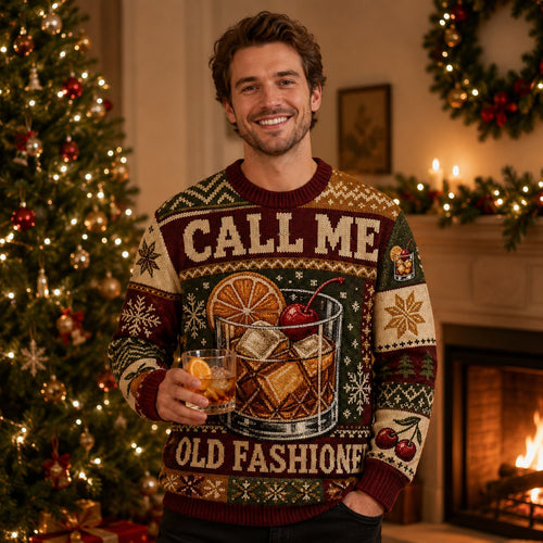 man wearing a call me old fashioned ugly christmas sweater by a