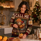 woman stirring a cocktail in a call me old fashioned christmas sweater