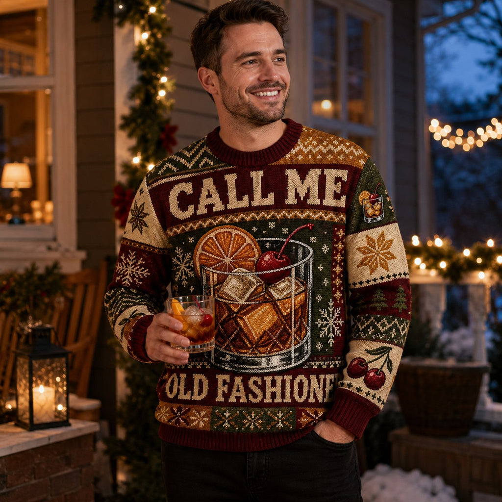 man in a funny old fashioned cocktail christmas sweater holding a drink